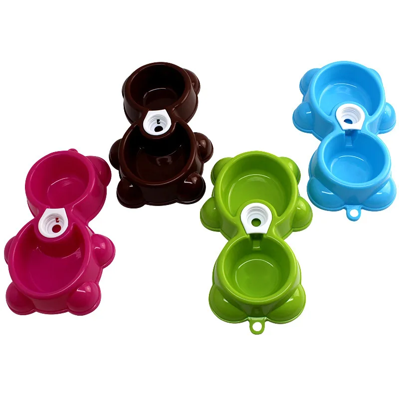 Cute Bear Plastic Dog Bowl Double Bowls For Dog Feeding Bowl Cat Puppy