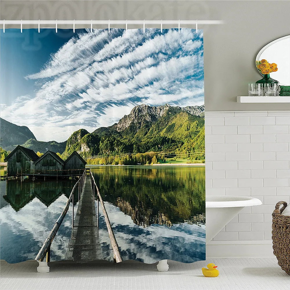 Lake House Decor Shower Curtain Long Exposure Deck on Idyllic Habitat