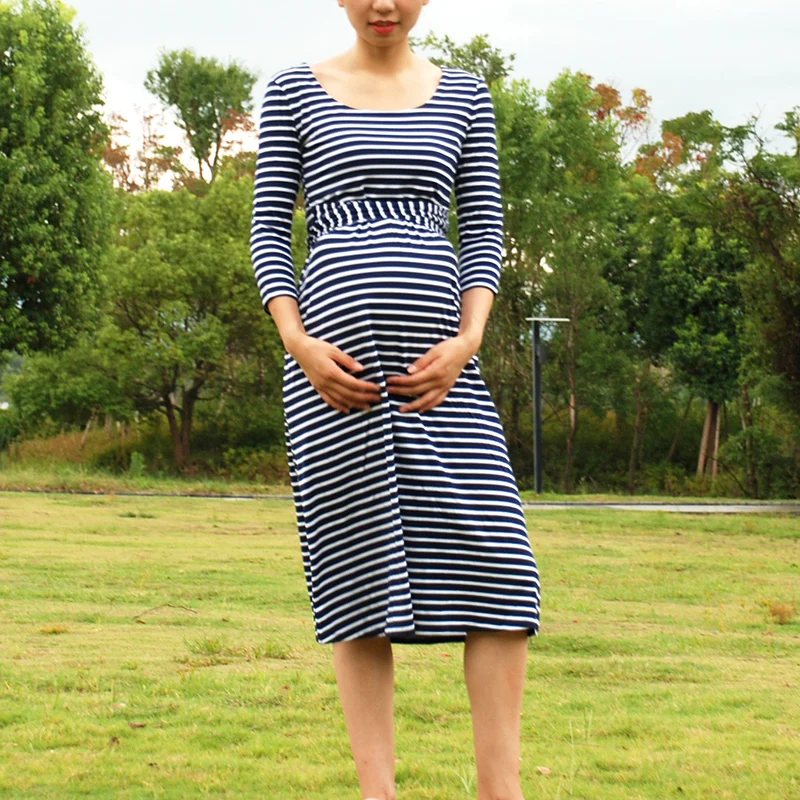 Elegante ropa de maternidad para mujeres embarazadas vestidos de maternidad  a rayas vestido de noche para embarazada Casual vestido de embarazo con  fajas - AliExpress Madre y niños