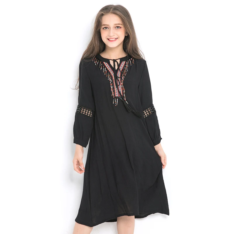 

Kids Autumn Dress Girl Children's 13 Year Tassel A-line Long Sleeve Chiffon Dresses Loose National Trend Black Clothes for Teens