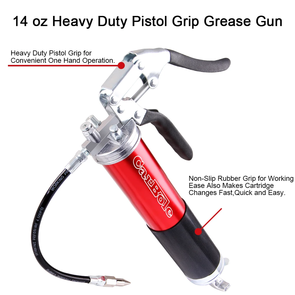 Heavy Duty Deluxe Grease Gun Pistol Grip Flex Hose Manual 14oz