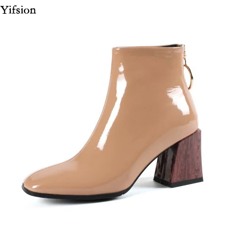 

Yifsion Women Winter Leather Ankle Boots Square Heel Shoes Square Toe Ladies Black Apricot Wine Red Shoes Women US Size 3-10.5