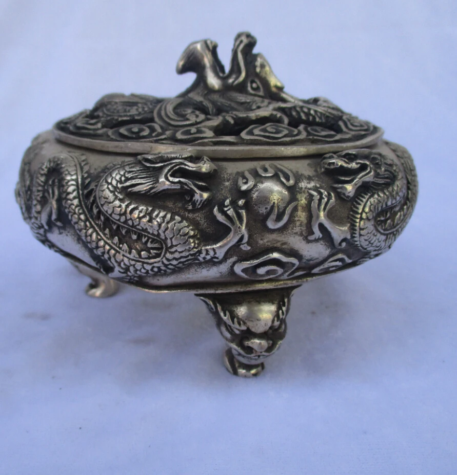 

Rare old antique tibet silver carved dragon incense burner /metal censer free shipping 00016