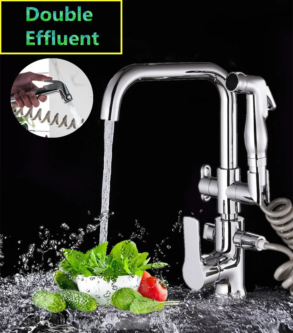 Pull out Side Sprayer Dual Spout Single Handle Mixer  Hot And Cold Deck Mounted  Kitchen Faucets Sink Faucet 360 Rotation Taps2