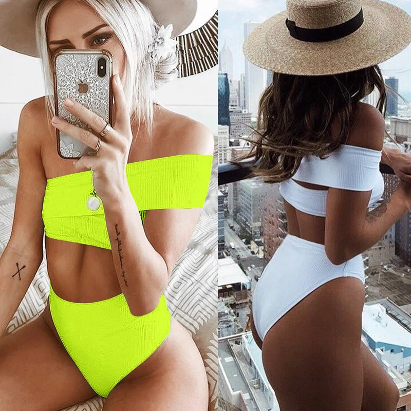 

Women Swimwear High Waist Bikini Swimsuit Push Up Women One Shoulder Beach Bathing Suit Yellow White Black Thong Swimsuit