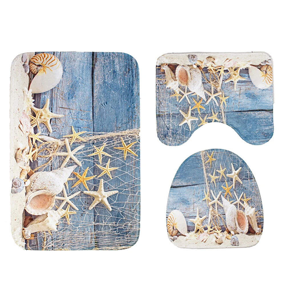 Bath Mat Sets Conch 3pcs Set Bathroom Non Slip Blue Ocean Style