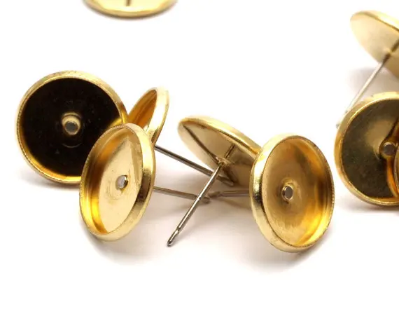 

50 Stainless Steel Earring Posts with Raw brass 12 mm Pad, Ear Studs Bs-1271