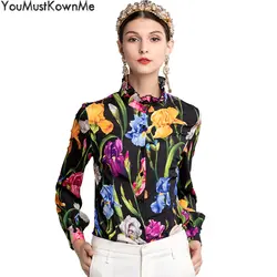 2019 подиумная женская блузка элегантный оборками со стоячим воротником длинный рукав в виде фонаря с изображениями цветов с принтом