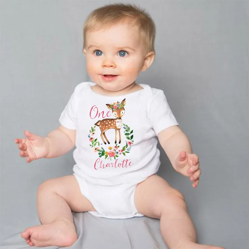 HY0205 New Woodland Deer Print Cute Baby Bodysuit Funny Short Sleeve