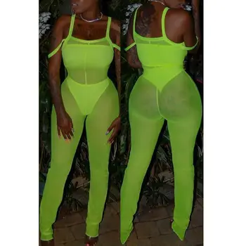 

New Fashion Sexy Women Summer Fluorescence Mesh Perspective Jumpsuit Lady Casual Spaghetti Strap Skinny Bodysuit
