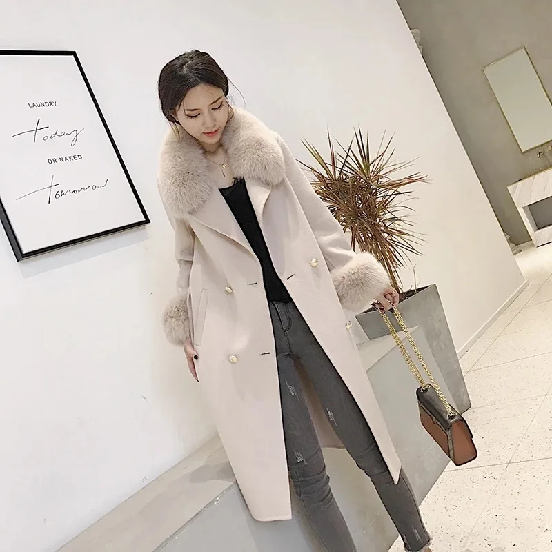 

Spring Long Wool Coat With Fur Collar Wool Blend Coat and Jacket Solid Color Women Coats