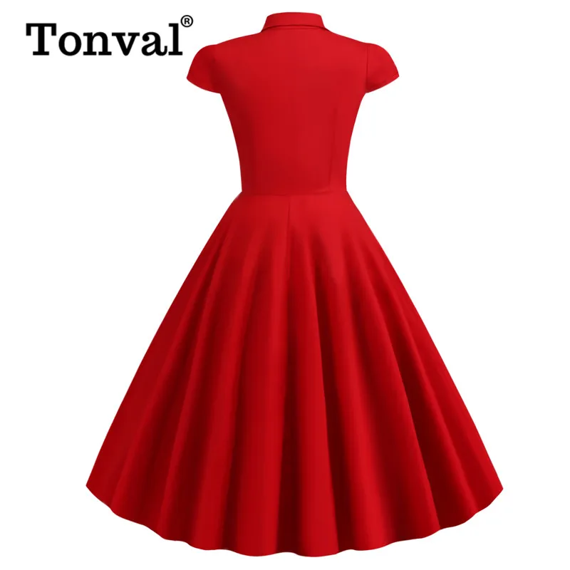Tonval, красное Ретро расклешенное платье с оборками и отложным воротником, женское Хлопковое платье миди с рукавом-крылышком, элегантные платья в стиле рокабилли 50s