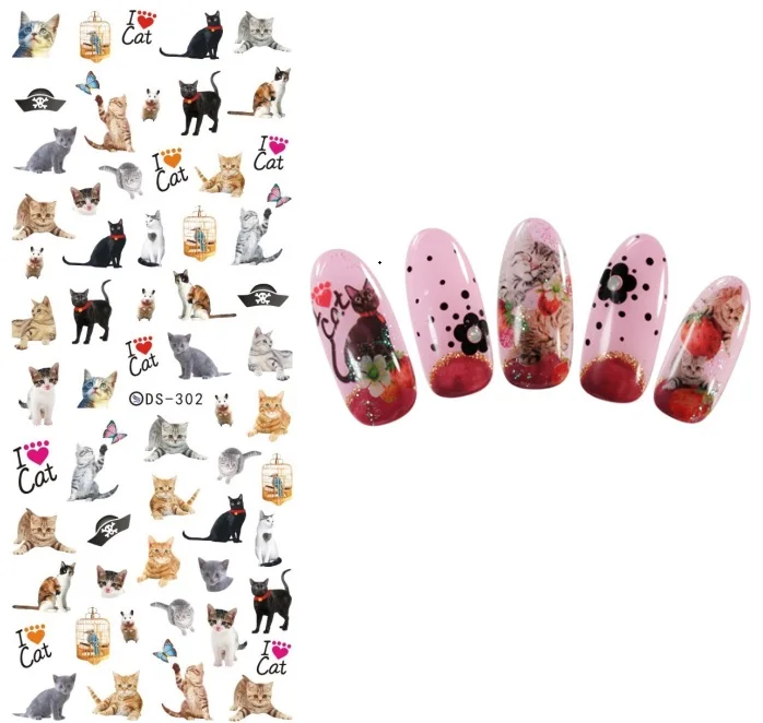 1 лист Серия животных милая собака прекрасный кот дизайн ногтей Водные Наклейки Маникюр татуировки гвоздь искусство Передачи Стикер Украшение - Цвет: DS-302