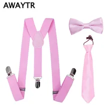 AWAYTR 3 Pcs/Lot Boys Girls Pink Color Suspenders School Wedding Fashion Clothing Accessories Elastic Straps Neckties Bowties