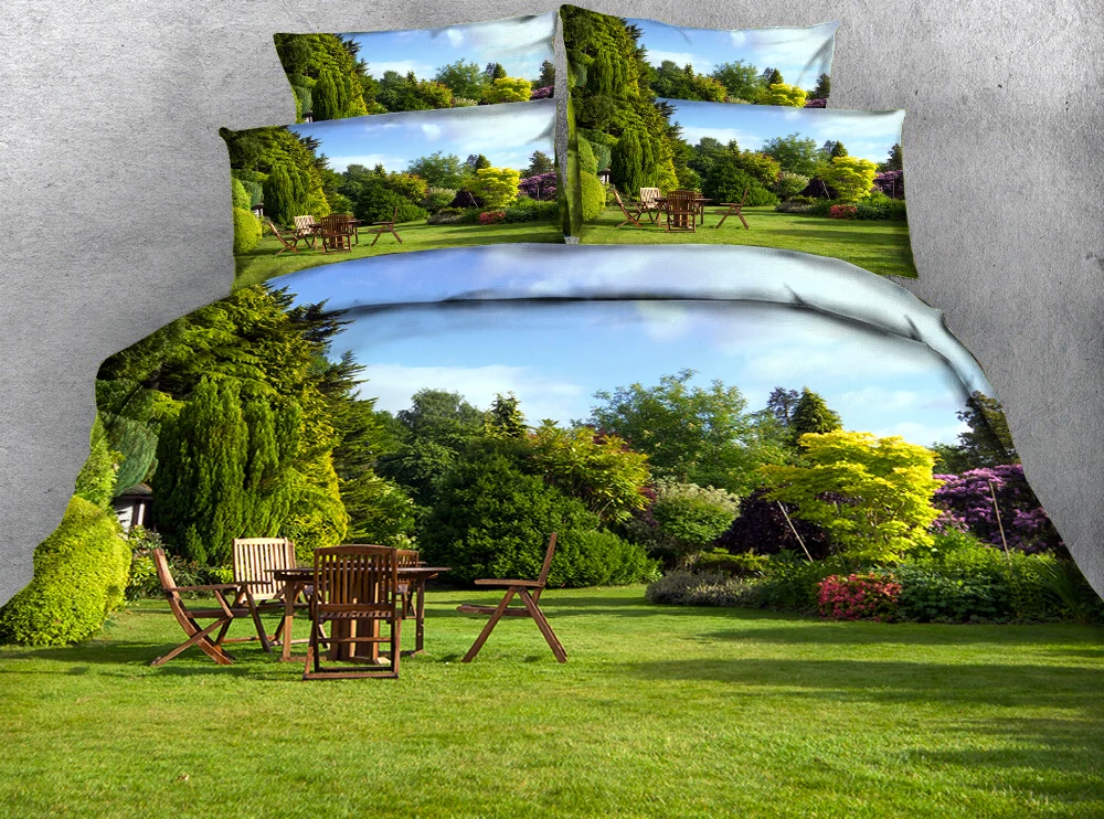 

Table and chairs on green lawn 3d effect photo bed linen can be customized photo pattern