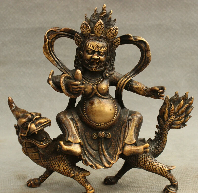

song voge gem S4219 8" Tibet Bronze Buddhism Mahakala Buddha Statue Jambhala Ride Dragon Unicorn Set