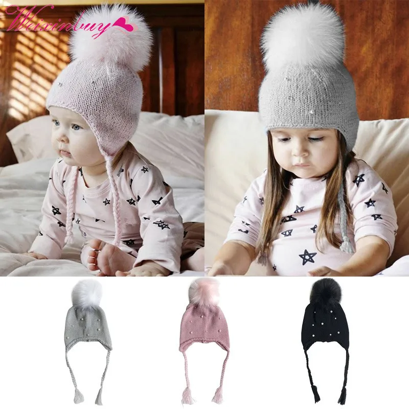 

Fashion Baby Hats with Beanies Pearl Girls Boys 0-4 pom Knit Caps Years Autumn Crochet hats Winter Kids for Hat
