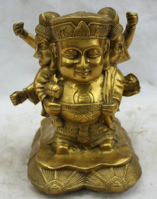 

9" Singapore Folk Brass 3 Head 4 Arms Mammon Money Wealth God Statue Sculpture R0710 (B0413)