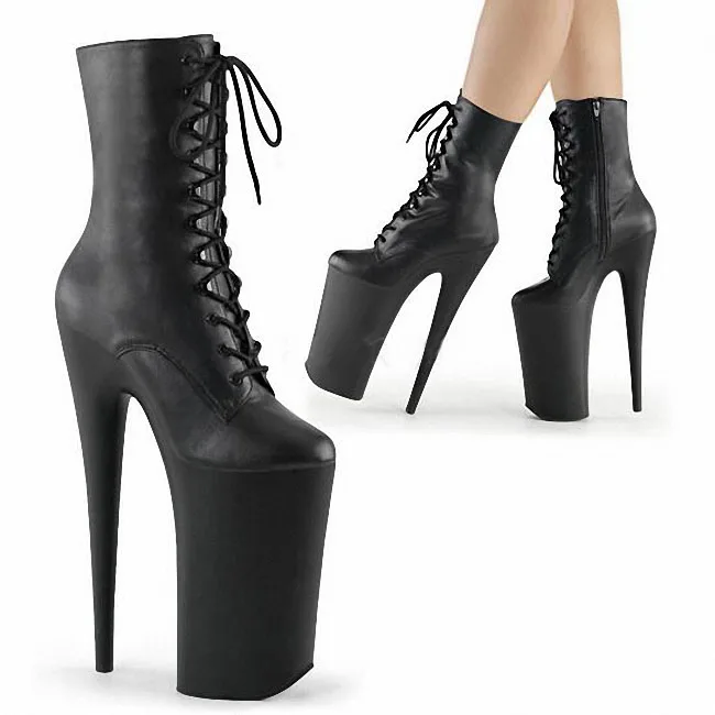 20cm-High-Heel-Platform-Sex-Fetish-Women-Mid-Calf-Boots-Shiny-Matte-Black-PU-Leather-Lace-up-Boots- 4