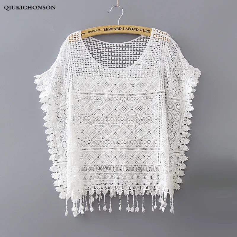 

Ladies Lace Tops Summer 2018 Bohemian Cute Fringed Hollow Out Crochet White Lace Blouses Sunproof Transparent Bikini Cover Up