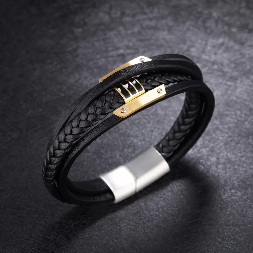 FATE LOVE Punk Male Men Statement Wrap Bracelet Bangles Black Leather Wristlet with Stainless Steel Charm Fashion Jewelry