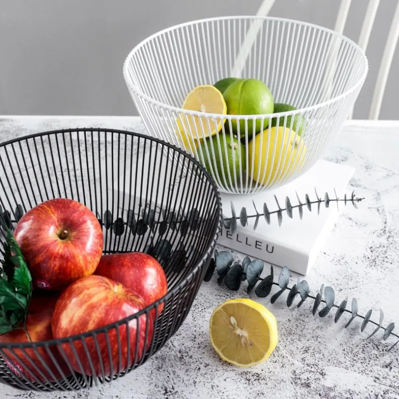 

Storage basket Creative Snacks Candy Basket Desktop Bedroom Kitchen Fruit Basket Decor European iron Hollow Black Storage Basket
