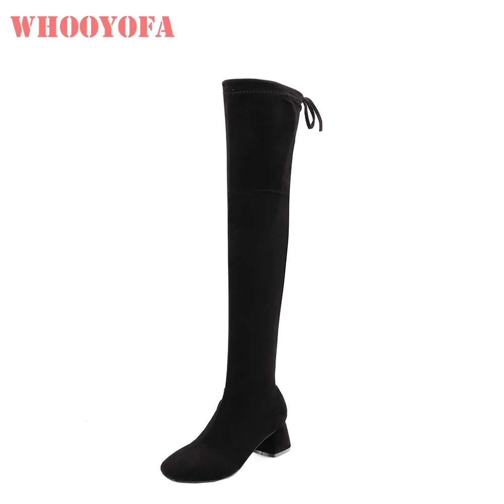 

Brand New Suede Square Toe Black Plain Women Thigh High Boots Vogue Chunky Heels Lady Shoes W208 Plus Big Size 10 28 44 52