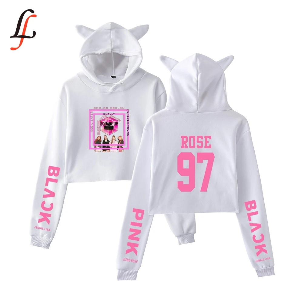 Blackpink Cat Ear Cap Sexy Hoodies Fashion Trend Sala Cat Crop Top Women Hoodies Sweatshirt hot Kpop Harajuku Size 2XL