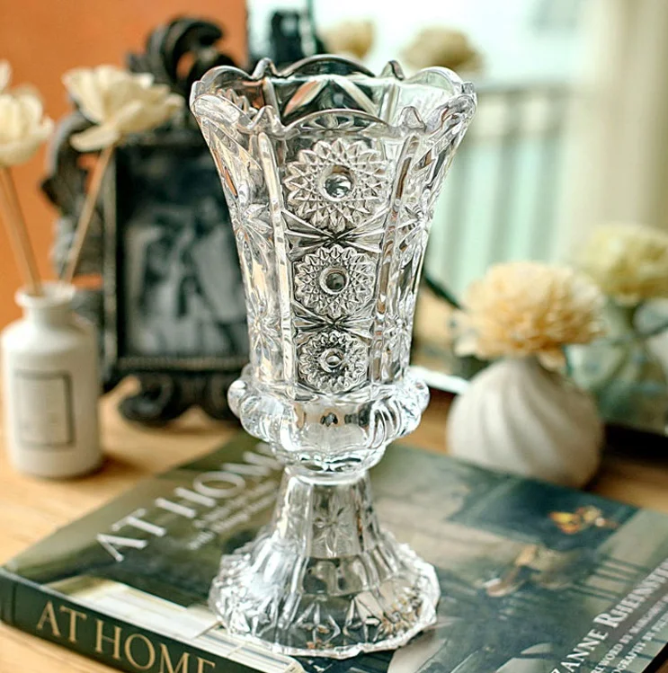 Vintage Embossed Crystal Glass Vase Ornamental Goblet Flower Pitcher