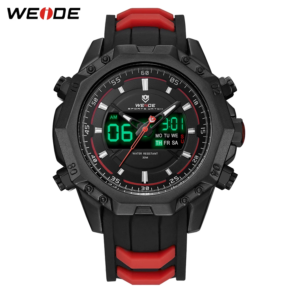 WEIDE Часы Мужчины LCD Аналоговый Цифровые Задняя Подсветка Японский Механизм MIYOTA Оригинальная Батарея Хардлекс Негабаритный Циферблат Силиконовый Ремешок Кварцевые Водонепроницаемые Черные Наручные Мужские Часы