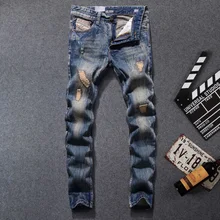 Italian Style Retro Design Men Jeans High Quality Straight Slim Fit Destroyed Ripped Jeans Mens Pants Fashion Street Biker Jeans Italian Style Retro Design Men Jeans High Quality Straight Slim Fit Destroyed Ripped Jeans Mens Pants Fashion Street Biker Jeans
