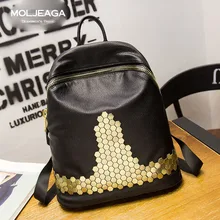 MOLJEAGA Марка 2017 Новые Прибытия Высокого Качества PU Кожа Женщин Рюкзак Опрятный Стиль Рюкзак Школьный Черный Матер Заклепки Женщины Сумку