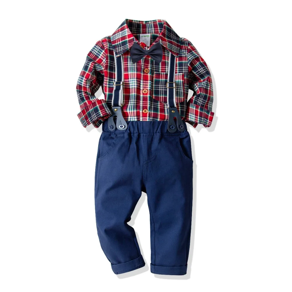 Baby Boy Clothing Sets 2019 Gentleman Clothes Cotton Plaid Shirt+Elastic trousers 2PCS Outfits Bebes Suits 2 to 8 Years Old |