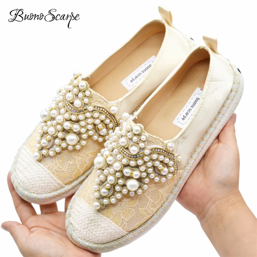 

BuonoScarpe Pearls Beaded Flat Shoes Crystal Espadrilles Casual Slip On Canvas Loafers Ladies Flat Shoes Cotton Fabric Lace Flat