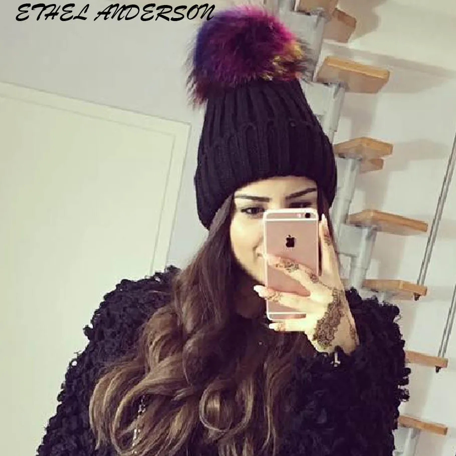 

Multi Colored Raccoon fur pompom hat for women cashmere beanie hat Big Natural Raccoon fur pompom Beanies cap Fox fur bobble hat