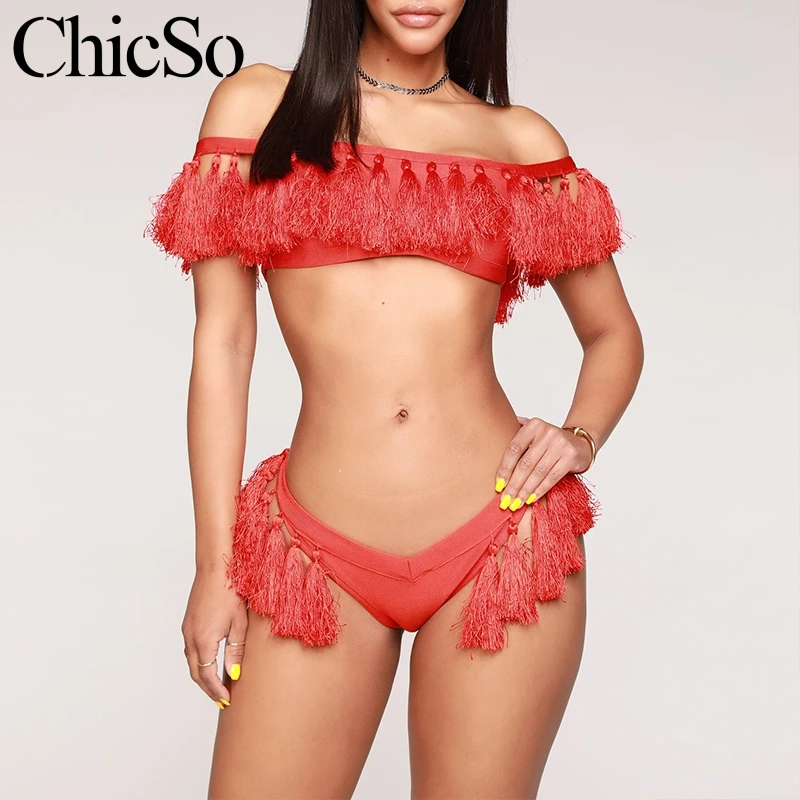 

MissyChilli Two-pieces suit tassel fringe women bodysuit Summer beach swimwear boho sexy bodysuit Female off shoulder swimsuit