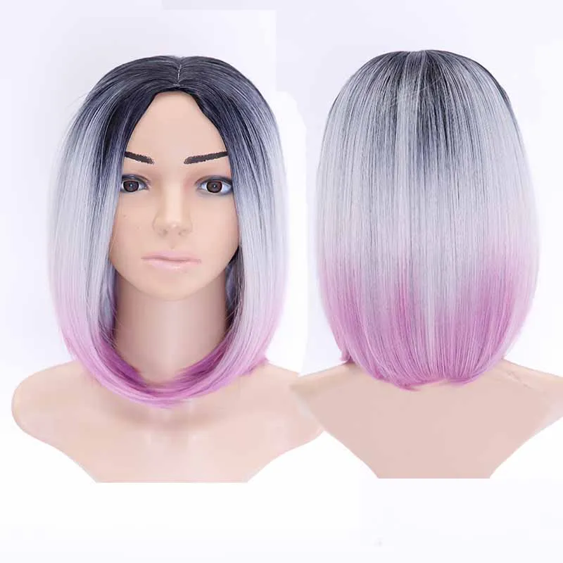

Ombre wig black gray pink mixed womens bobo wig Heat Resistant False Hair Synthetic short Wigs For Black Women