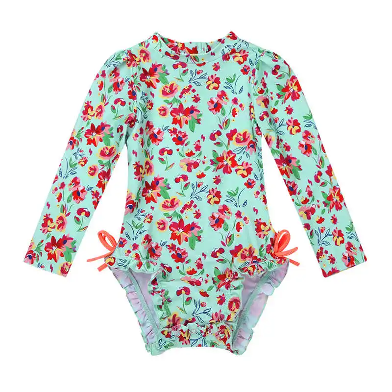 Купальный костюм для маленьких девочек; пляжная одежда с цветочным принтом для маленьких девочек; летний купальный костюм с цветочным принтом на молнии сзади