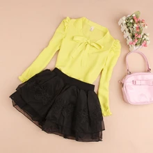 Новинка года, блузки для девочек Одежда для детей Одежда для девочек шифоновая рубашка принцессы с длинными рукавами и бантом школьная блузка для девочек для детей возрастом от 2 до 16 лет