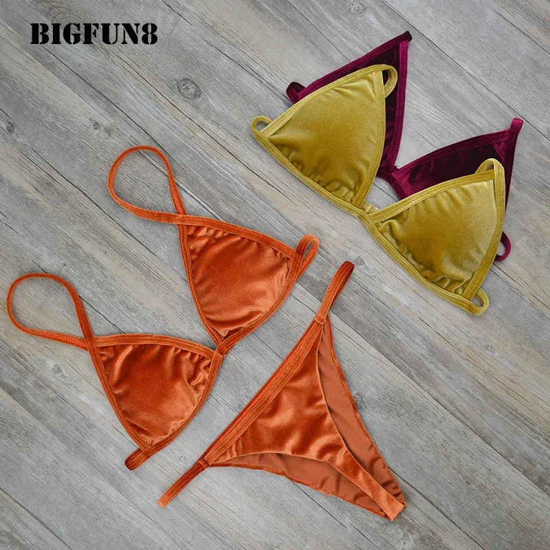 

BIGFUN8 New Velvet Women Bikini Sets Bandage Triangle Thong Hot Soft Monokini Gold Solid Maillot de Bain Halter Swimwear BKAL01