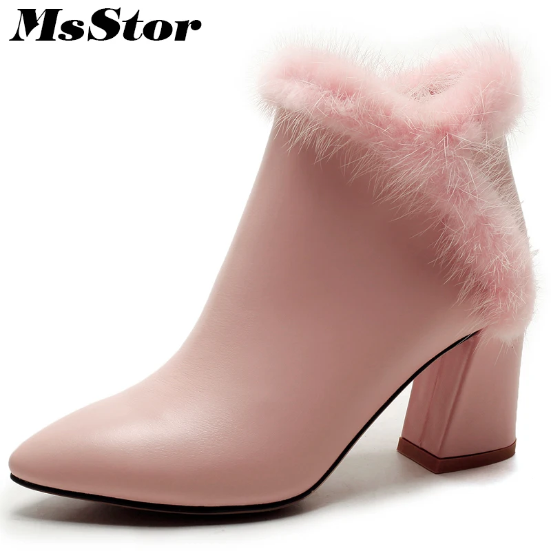 

MsStor Women Boots Pointed Toe Square heel Ankle Boots Women Winter Shoes High Heel Zipper Fur Short Plush Boots Shoes For Girl