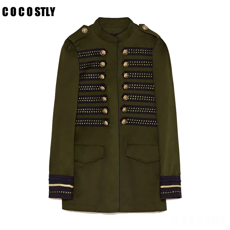 

High Quality 2018 Jacket Woman Military Style Jacket Mandarin collar long sleeves Double Breasted Jacket Front snap buttons