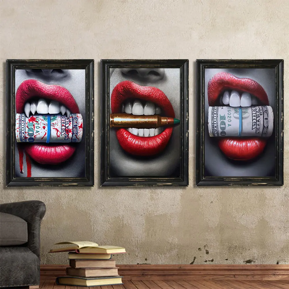 WANGART-Poster-Art-Sexy-Red-Lip-Money-Bite-Bullet-Print-Wall-Oil-Painting-Canvas-Picture-Living