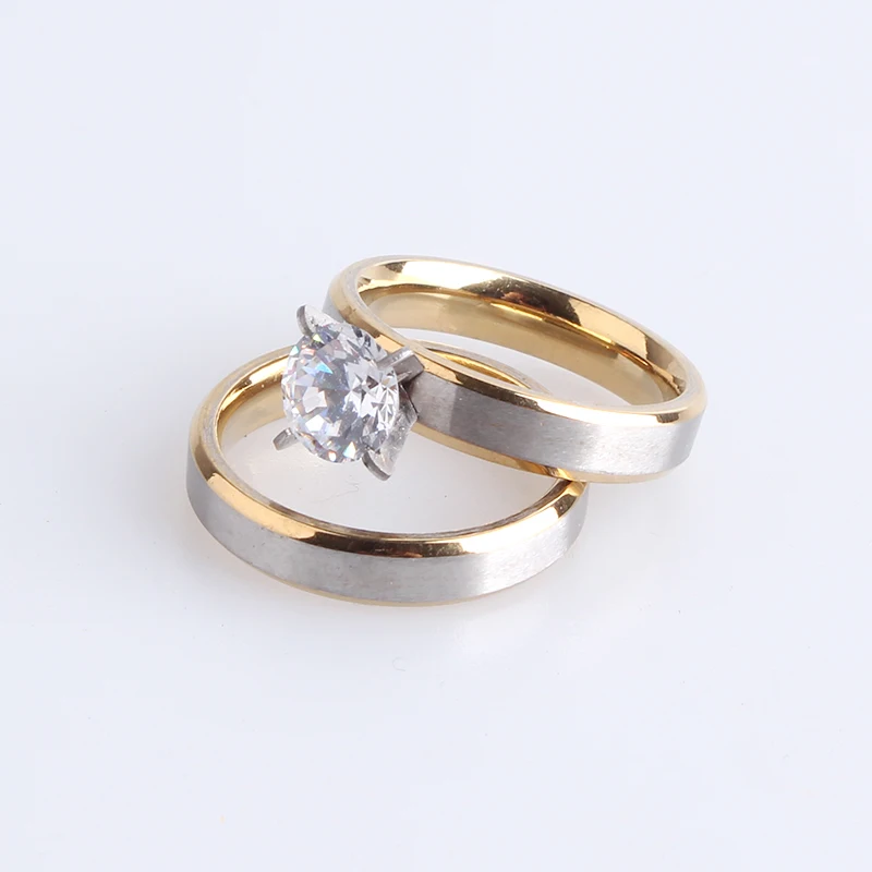 free shipping 4mm gold border Silver brushed Lovers Zircon 316L Stainless Steel wedding rings for women men wholesale