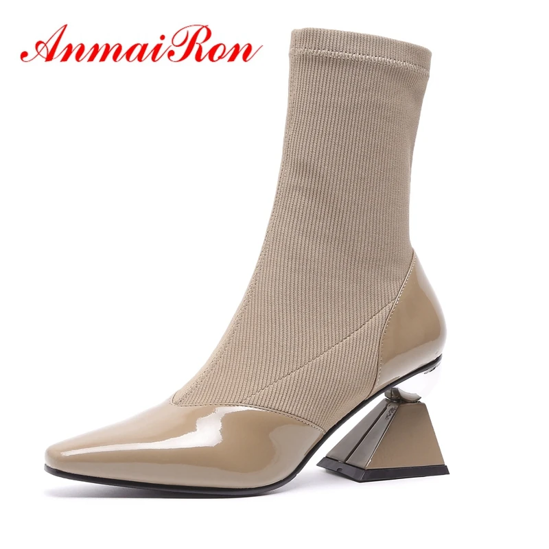

AnmaiRon Pointed Toe Genuine Leather Women Shoes Slip-On Womens Boots Ankle Zapatos De Mujer Size 34-40 LY141