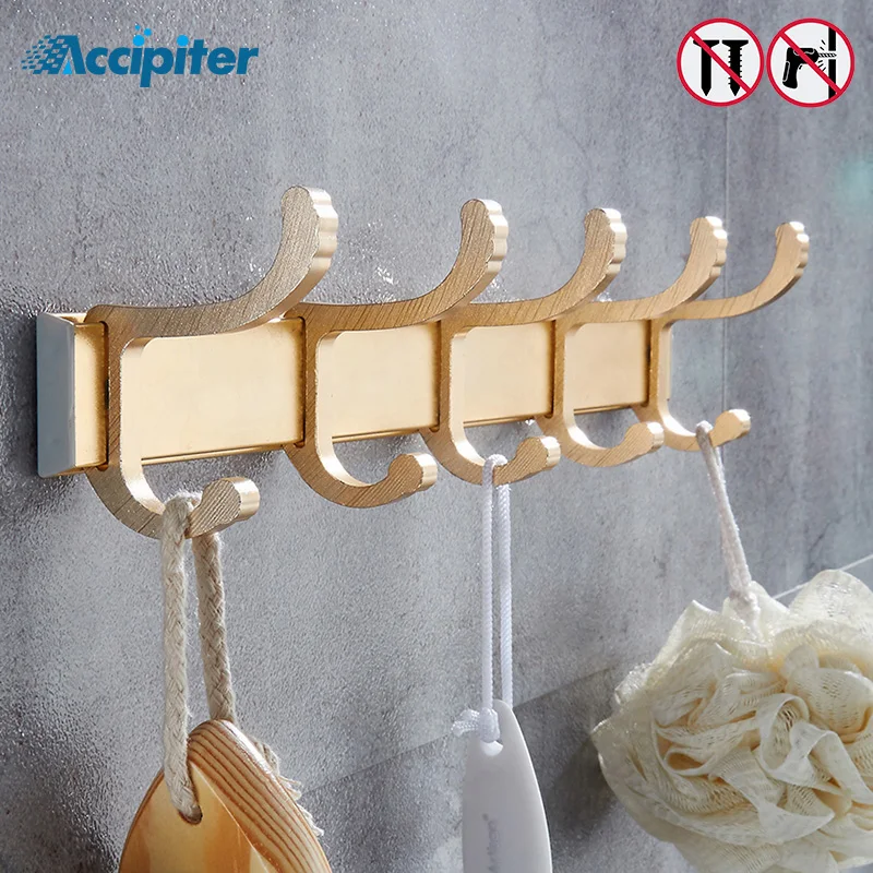 Nail Free Wall Mounted Aluminum Alloy Gold Color Clothes Hanger & Towel & Coat & Robe Hook