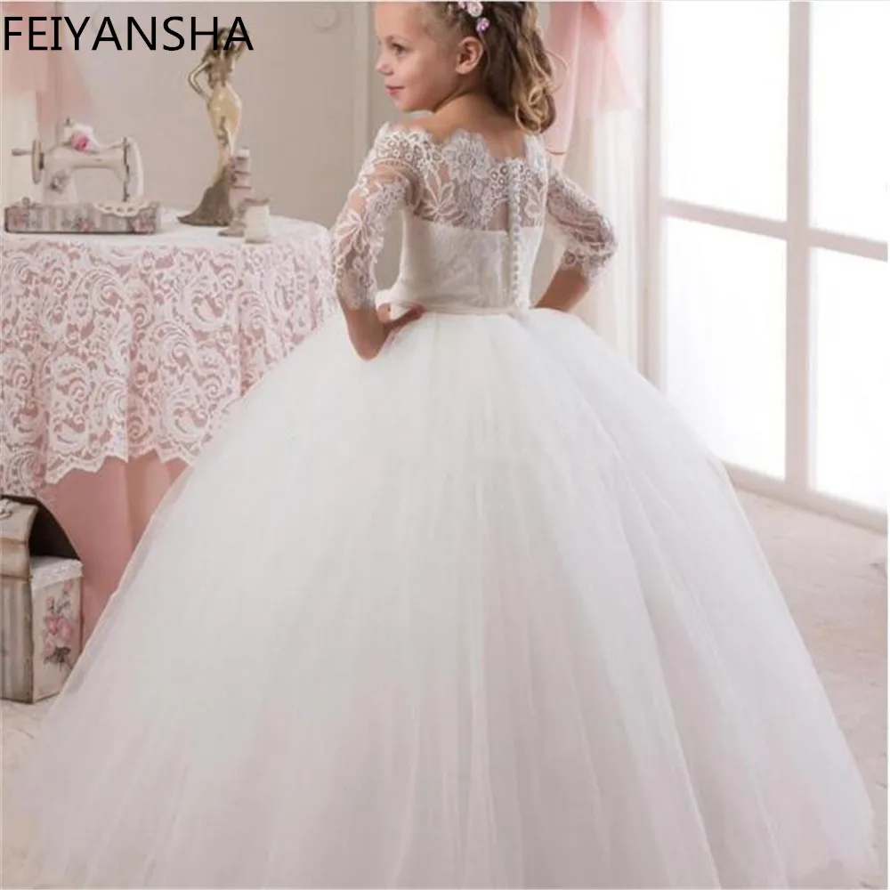 Г. Белое платье принцессы с открытыми плечами и цветочным узором для девочек на свадьбу; кружевное платье с длинными рукавами для девочек на День рождения; платье для первого причастия
