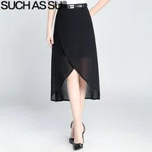 Весна Лето Новинка средней длины черные шифоновые Юбки Женская повседневная юбка с высокой талией Размер S-3XL Женская Асимметричная юбка