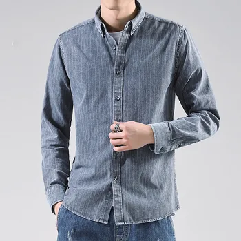 

2019 Spring and Summer New Japanese Striped Men's Casual Long-sleeved Shirt Men's Solid color Lapel Slim shirt More size S-XXXL