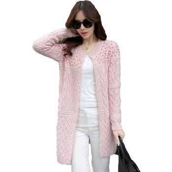 

2018 Autumn Pearl Long Cardigan Women Sweater Knitted Coat Oversize Sweaters Long Sleeve O-Neck Cardigans F535